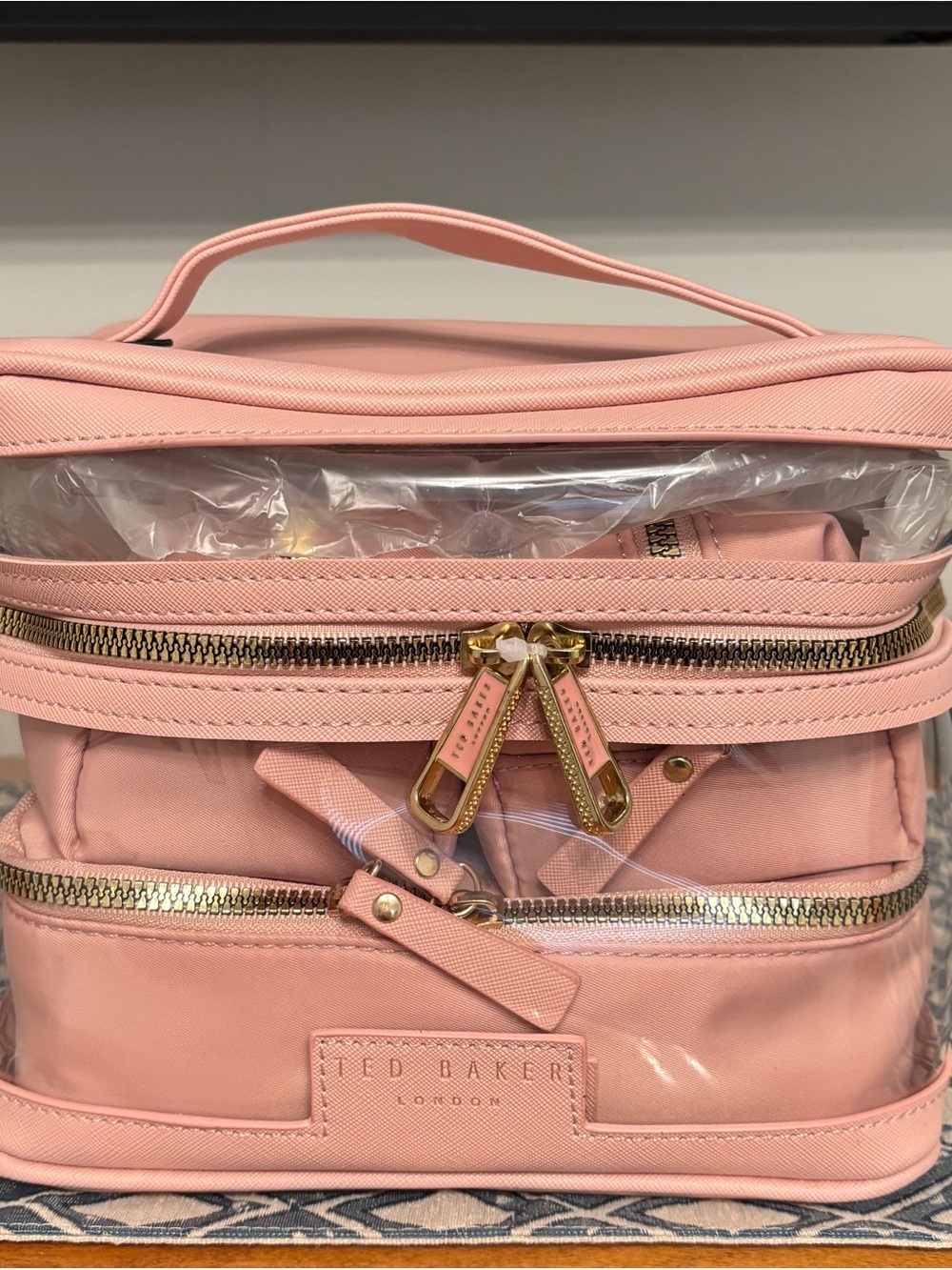 Ted Baker Blush Pink Double Zip Cosmetic Case with Gold Hardware
